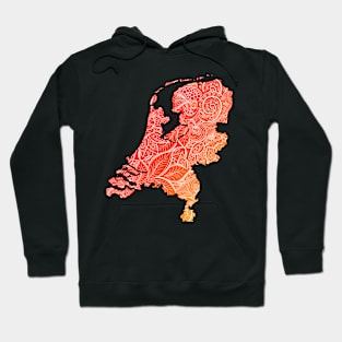 Colorful mandala art map of Netherlands with text in red and orange Hoodie